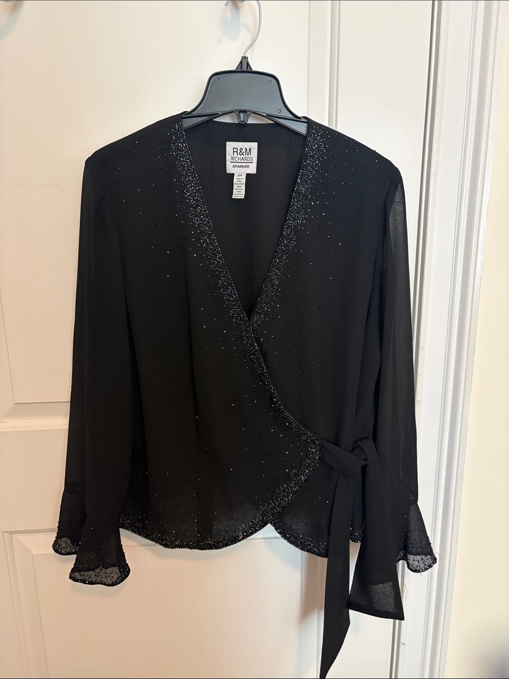 R&M Richards Black Beaded Wrap-Front Blouse